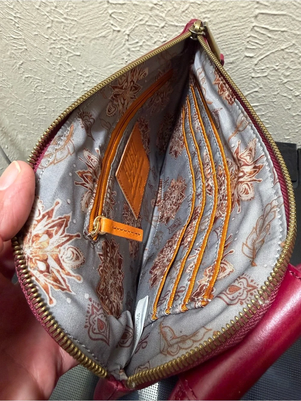 Stylish Red Leather HOBO Wristlet Clutch with Floral Embossing